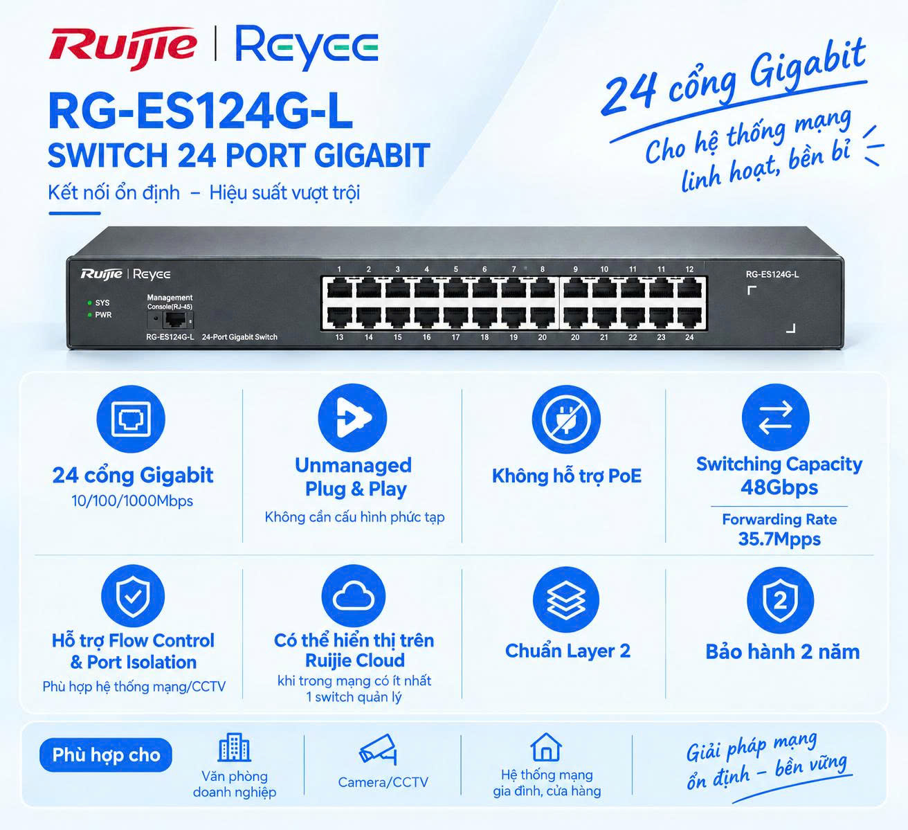 Switch mạng Giga 24 port Ruijie RG-ES124G-L - Ảnh 2